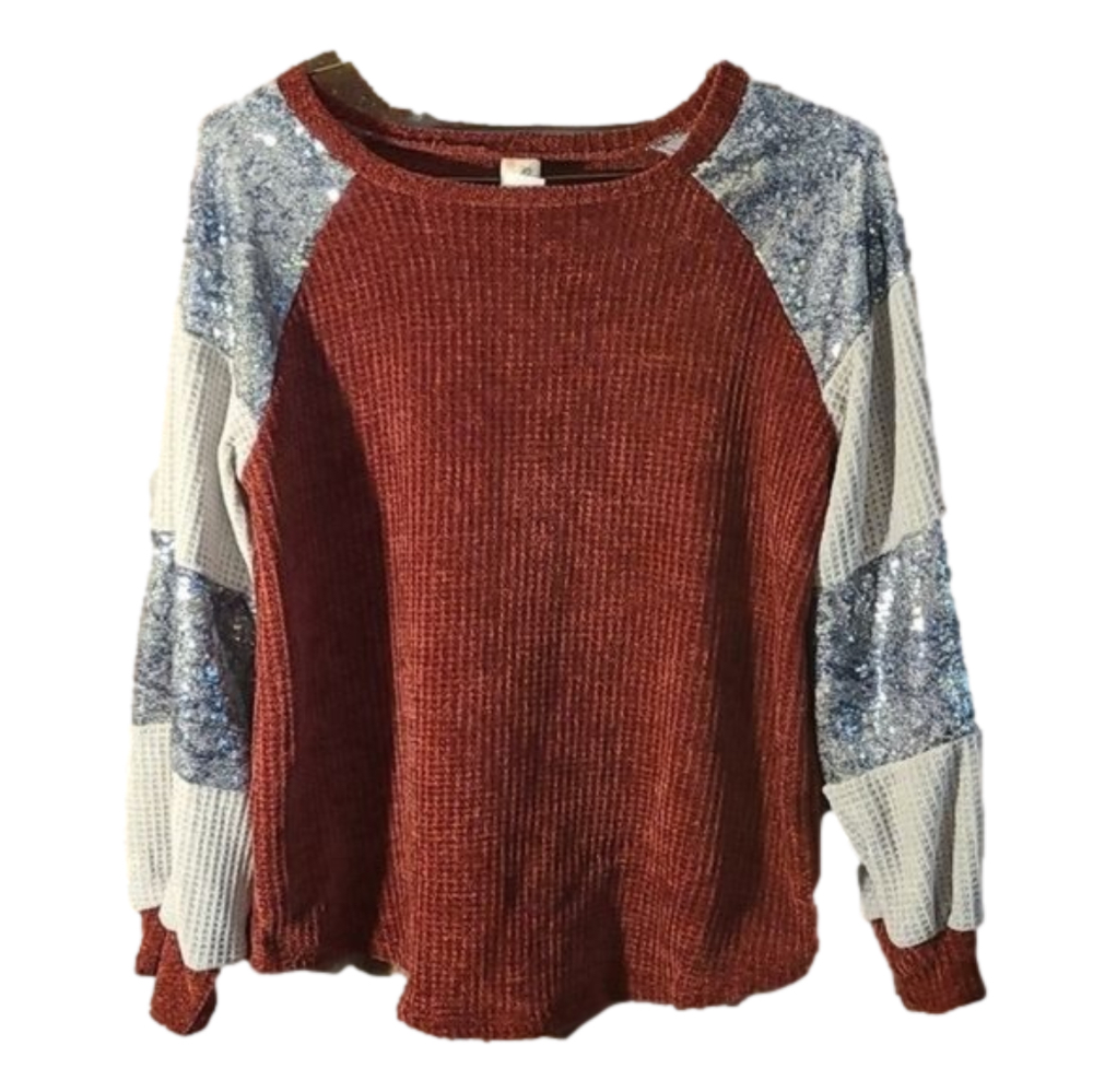 7th Ray Sequined Pullover Red Silver Textured Swe… - image 1